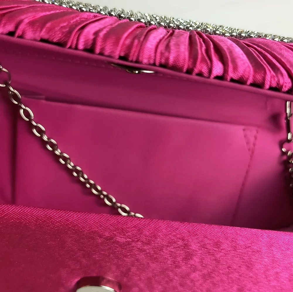 Satin Clutch Bag Faux Rhinestone Plaited Hot Pink Metal Strap Cocktail Party
